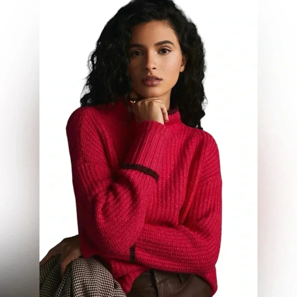 Maeve Mock Neck Color Tipped Folded Sleeve Hem Hot Pink Sweater Women Size L